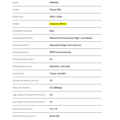 TRACTIVE | Rear Shock X-TREME + HPA Yamaha Tenerè 700 2025-2026