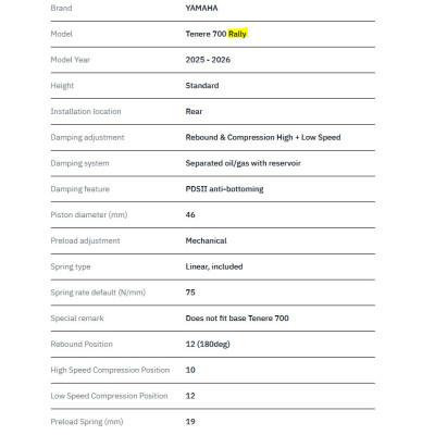 TRACTIVE | Rear Shock X-TREME Yamaha Tenerè 700 RALLY 2025-2026