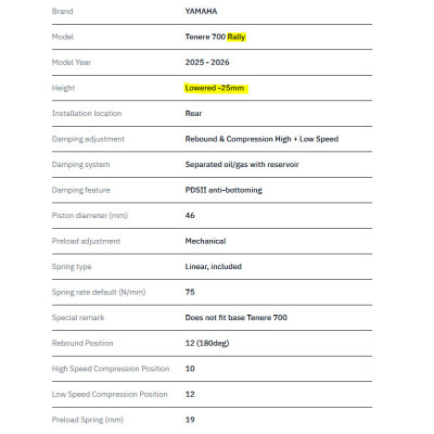 TRACTIVE | Rear Shock X-TREME Yamaha Tenerè 700 RALLY 2025-2026
