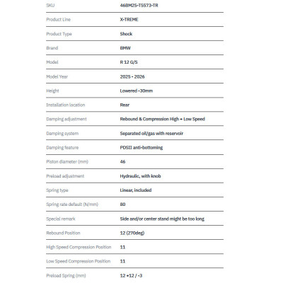 TRACTIVE | Rear Shock X-TREME + HPA BMW R 12 G/S 2025-2026 (Lowered -30mm)