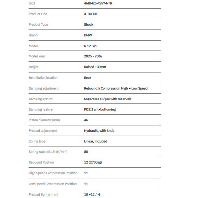 TRACTIVE | Rear Shock X-TREME + HPA BMW R 12 G/S 2025-2026 (Raised +30mm)